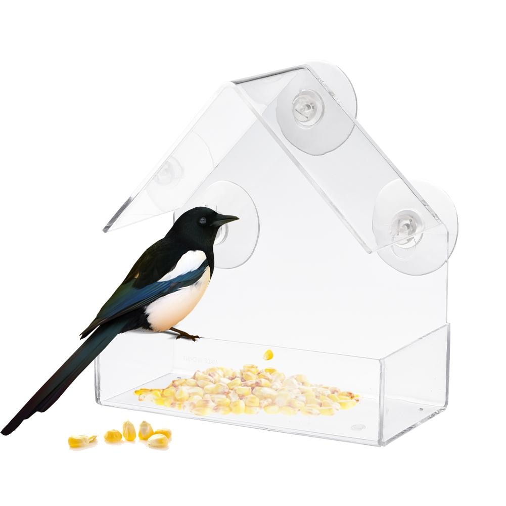 Wholesale Transparent Acrylic Adsorption Type House Shape Bird Feeder Innovative Suction Cup Bird Feeders Dispenser