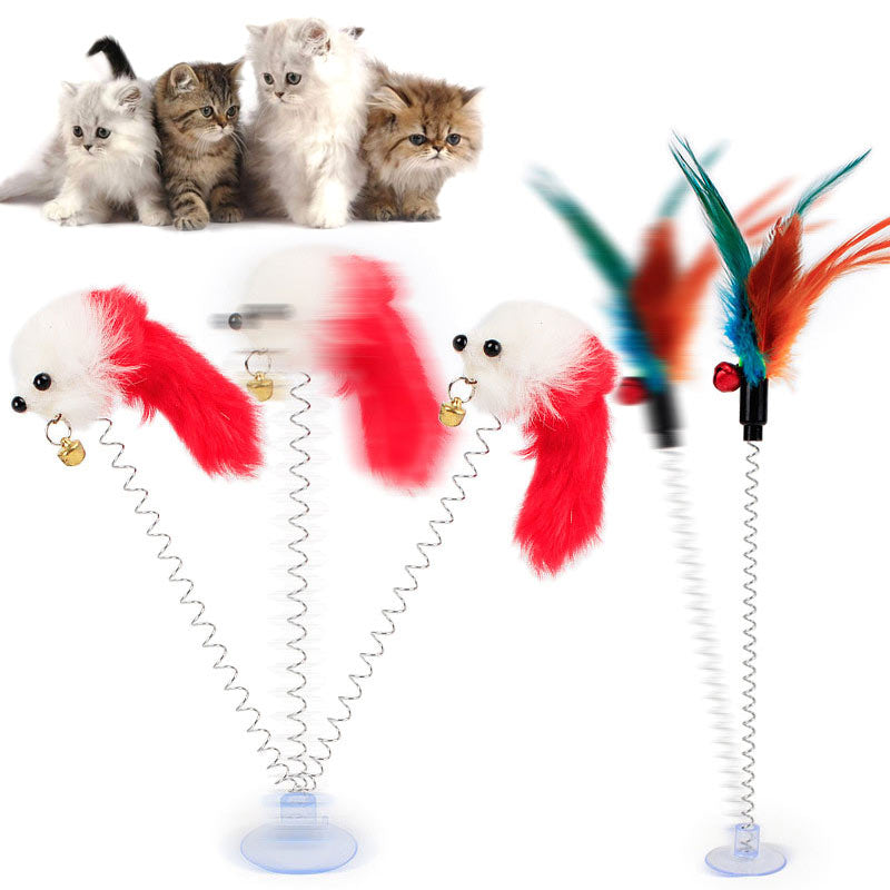 Cat Interactive Toy With Sucker Spring Feather Plush Mouse Funny Pet Toys LBShipping